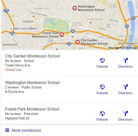 Если я изменю поисковый термин, например, выполнив поиск по запросу «   Монтессори Сент-Луис   ”Из того же места, результаты отличаются, как вы видите на фотографии ниже: