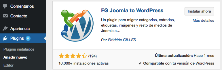 Вы увидите панель поиска справа, где вы можете набрать FG Joomla для WordPress, чтобы открыть плагин: