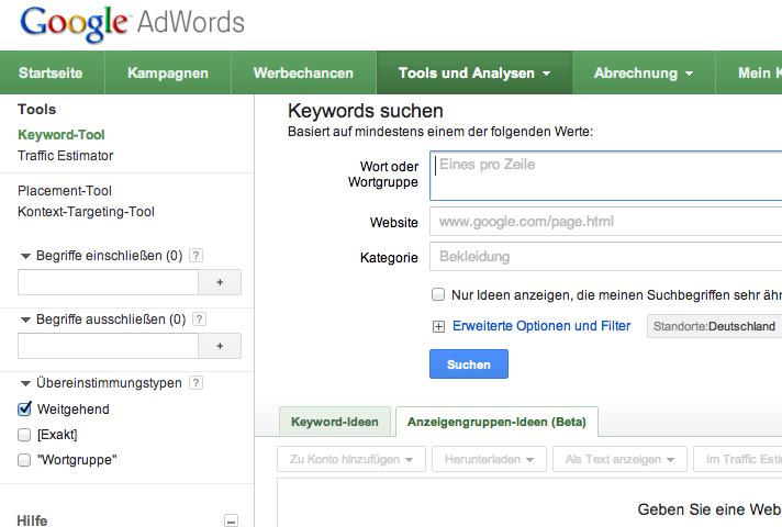 Итак, давайте перейдем к Google Keyword Tool   Планировщик ключевых слов Google Adwords   и начать поиск там